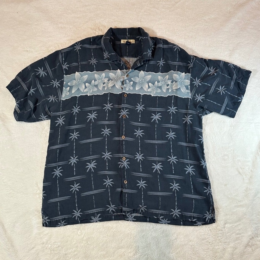 Tommy Bahama Mens XXL Silk Hawaiian Camp Shirt Palm Tree Floral Black Gray 100%